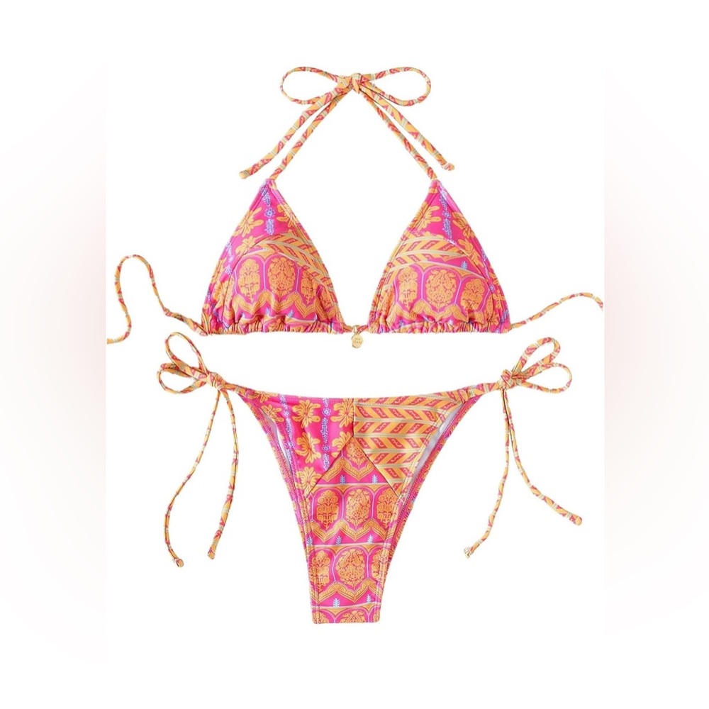 Women's Pink‎ Orange Mandala Print Triangle Halter Large Bikini Tie Side Thong